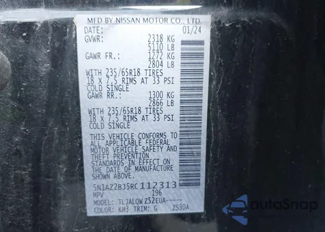 2024 Nissan Murano Sv Fwd z USA, uszkodzony, nr VIN 5N1AZ2BJ5RC112313